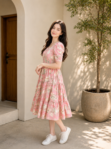 Pink Floral Rayon Dress with Square Neck & Half Sleeves