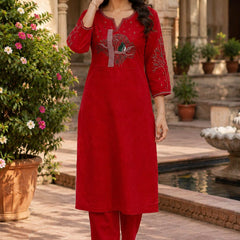 Red Floral Embroidered Cotton Kurta & Pant Set for Women