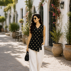 Women’s Black Rayon Floral Print Sleeveless Short Kurti