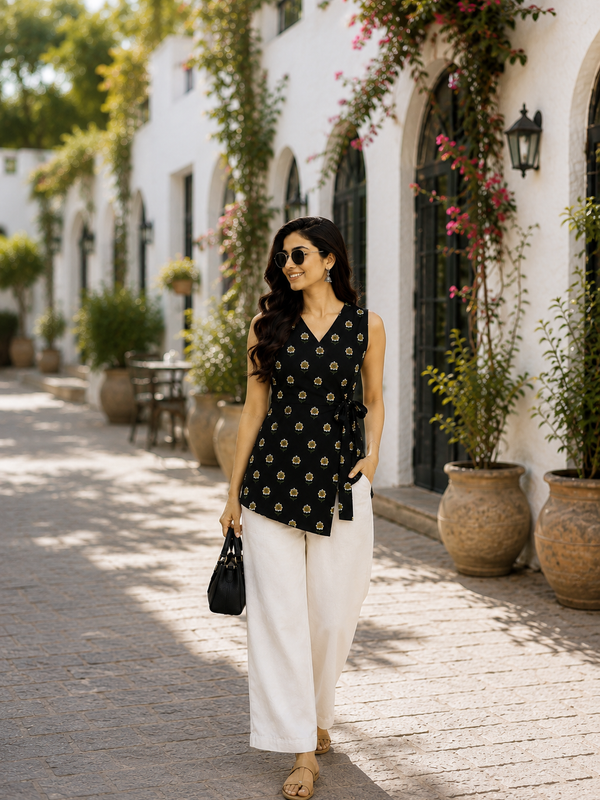 Women’s Black Rayon Floral Print Sleeveless Short Kurti