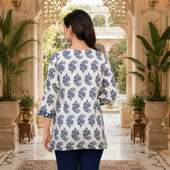 Women’s White & Blue Floral Cotton Short Kurti – V-Neck