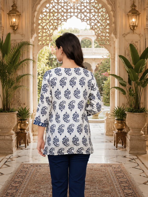 Women’s White & Blue Floral Cotton Short Kurti – V-Neck