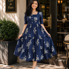 Blue Floral Rayon Dress with Square Neck & Half Sleeves