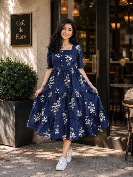 Blue Floral Rayon Dress with Square Neck & Half Sleeves