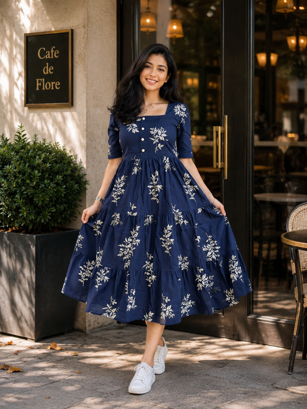 Blue Floral Rayon Dress with Square Neck & Half Sleeves