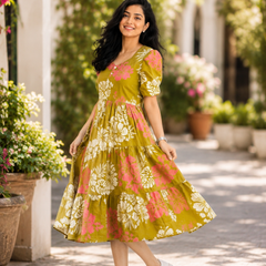 Elegant Olive Green Floral Dress for Women