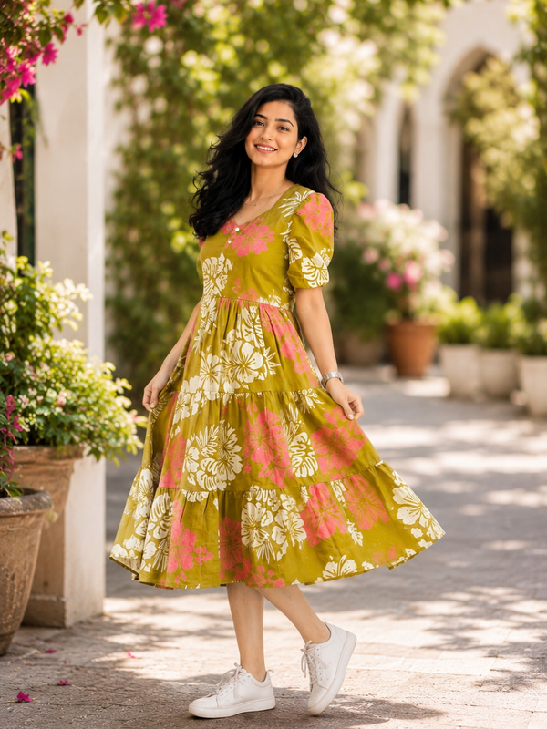 Elegant Olive Green Floral Dress for Women