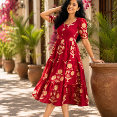 Elegant Red Ethnic Printed Rayon Dress for Women
