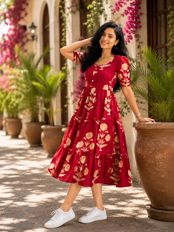 Elegant Red Ethnic Printed Rayon Dress for Women