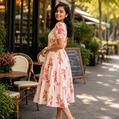 White Floral Rayon Dress with Square Neck & Half Sleeves