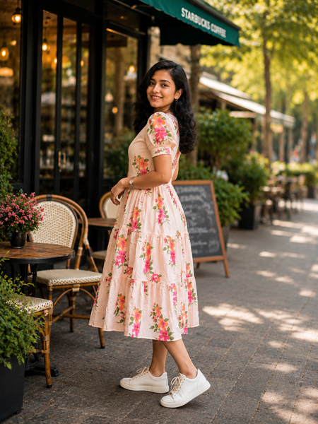 White Floral Rayon Dress with Square Neck & Half Sleeves