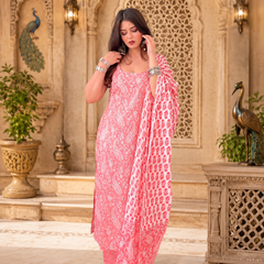 Peach Pink Printed Cotton Rayon Suit Set for Women