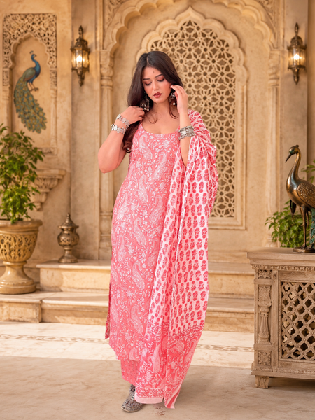Peach Pink Printed Cotton Rayon Suit Set for Women