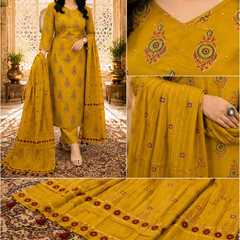 Mustard Floral Printed Rayon Kurta Pant & Dupatta Suit Set