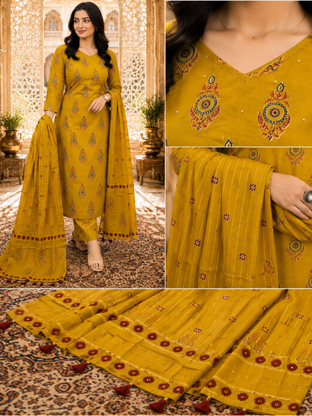 Mustard Floral Printed Rayon Kurta Pant & Dupatta Suit Set