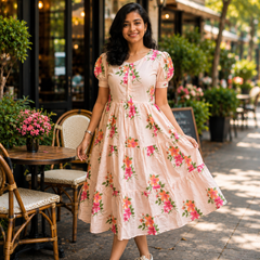 White Floral Rayon Dress with Square Neck & Half Sleeves