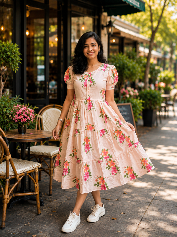 White Floral Rayon Dress with Square Neck & Half Sleeves