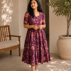 Purple Floral Printed Viscose Rayon Midi Dress for Women