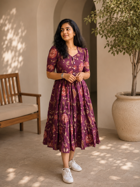 Purple Floral Printed Viscose Rayon Midi Dress for Women