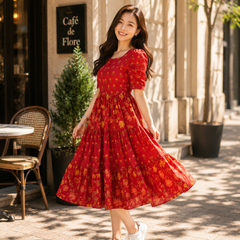 Red Floral Rayon Dress with Square Neck & Half Sleeves