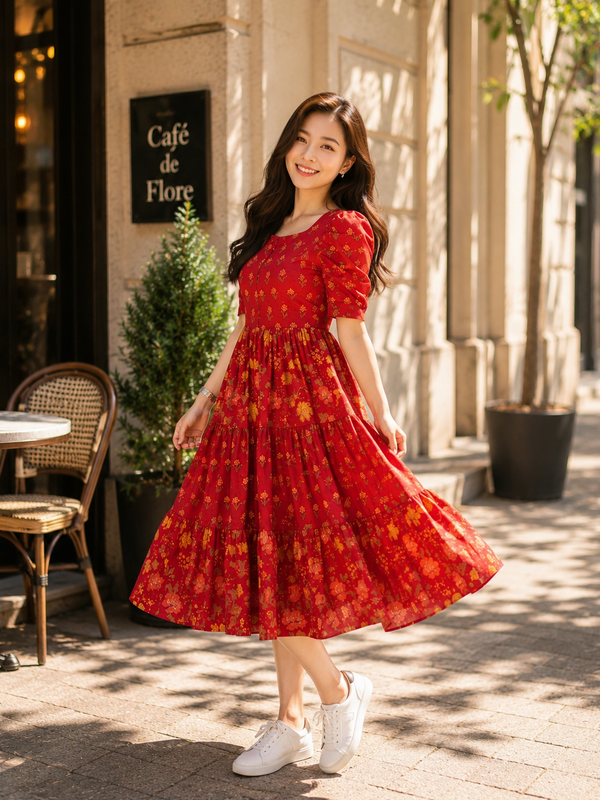 Red Floral Rayon Dress with Square Neck & Half Sleeves