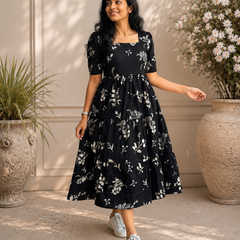 Black Floral Printed Viscose Rayon Midi Dress for Women