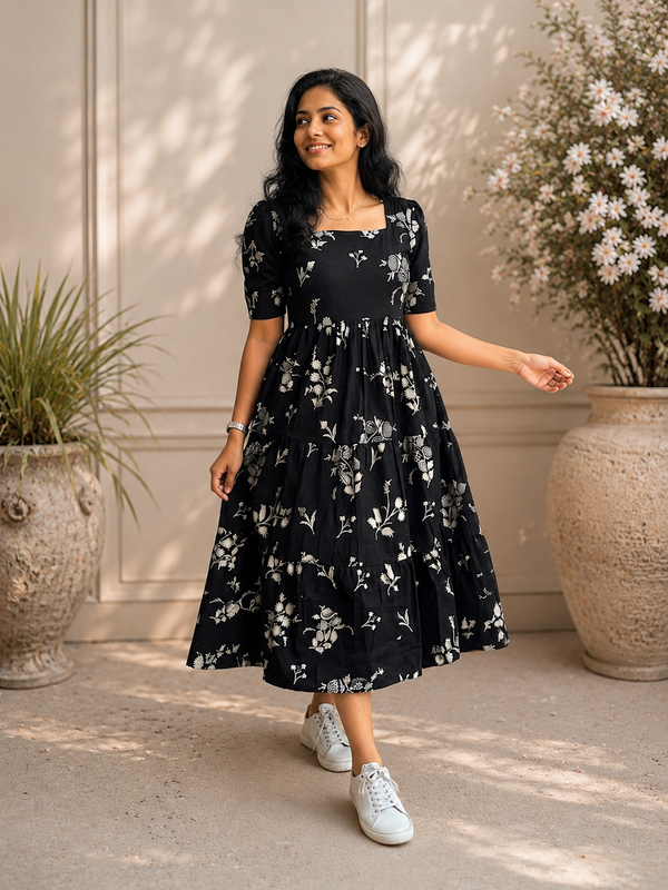 Black Floral Printed Viscose Rayon Midi Dress for Women