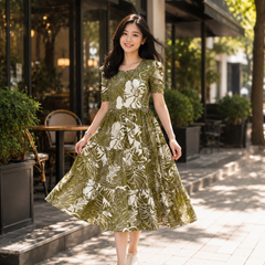Women’s Olive Green Floral Printed Rayon Dress