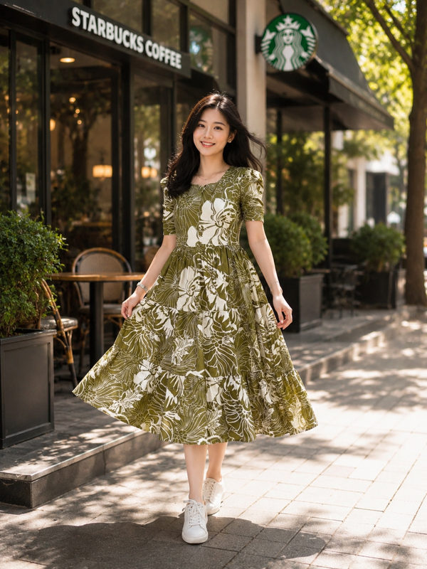 Women’s Olive Green Floral Printed Rayon Dress