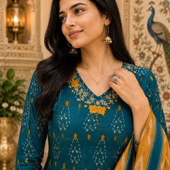 Green Floral Printed Cotton Kurta Pant & Dupatta Suit Set