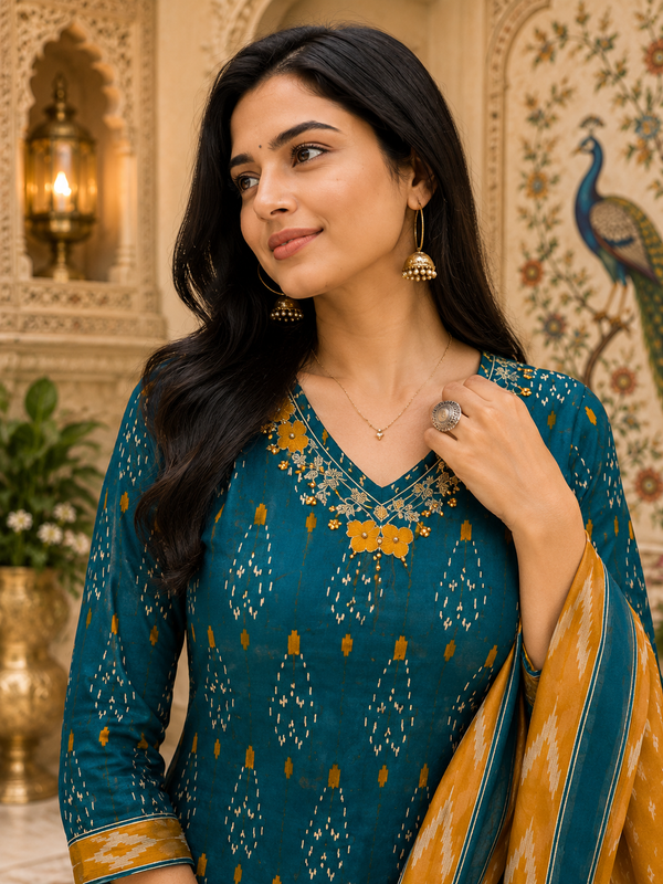 Green Floral Printed Cotton Kurta Pant & Dupatta Suit Set