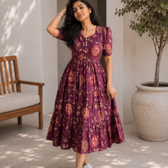 Purple Floral Printed Viscose Rayon Midi Dress for Women