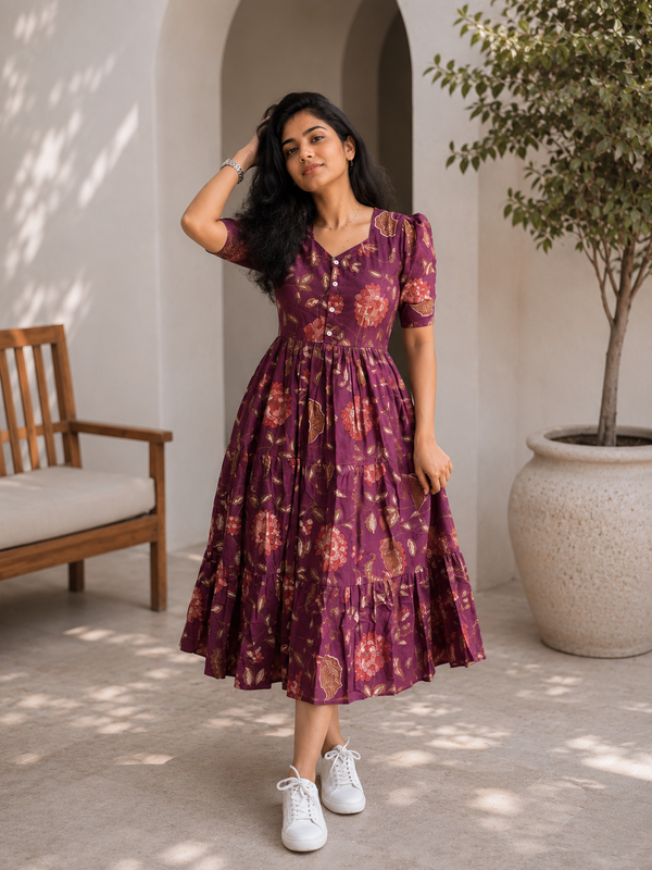 Purple Floral Printed Viscose Rayon Midi Dress for Women