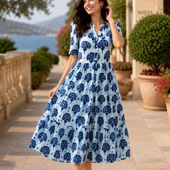Elegant Sky Blue Rayon Dress with Half Sleeves