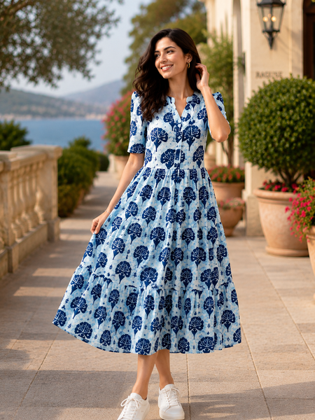 Elegant Sky Blue Rayon Dress with Half Sleeves