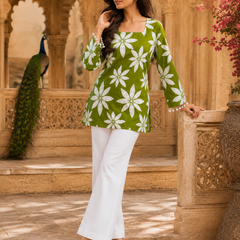 Green Floral Printed Cotton Kurti for Women
