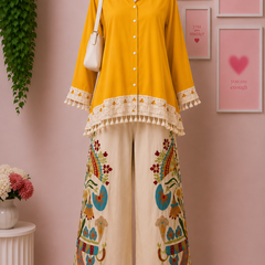 Red Cotton Slub Lace Co-Ord Set with Palazzo Pant