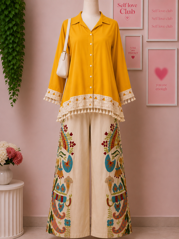 Red Cotton Slub Lace Co-Ord Set with Palazzo Pant