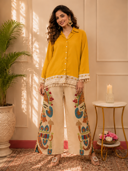 Red Cotton Slub Lace Co-Ord Set with Palazzo Pant