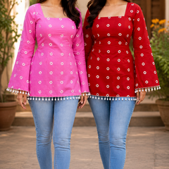 Women's Printed Cotton Tunic Combo Pack of 2 Square Neck Tops