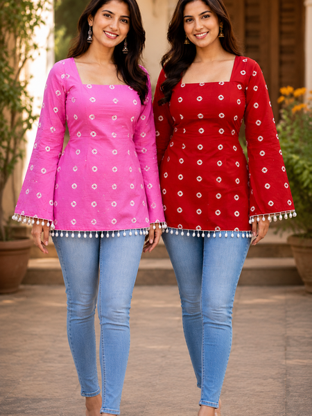 Women's Printed Cotton Tunic Combo Pack of 2 Square Neck Tops
