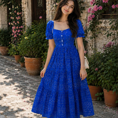 Blue Bandhani Print Cotton Maxi Dress for Women