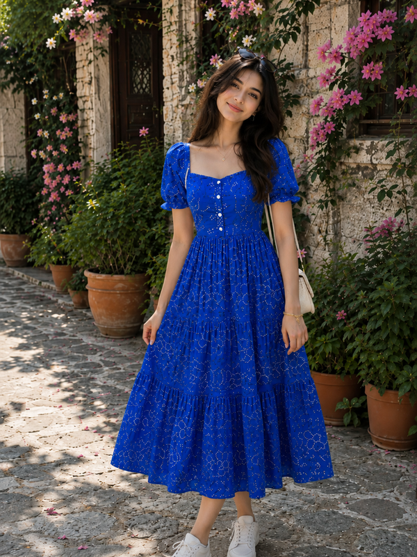Blue Bandhani Print Cotton Maxi Dress for Women