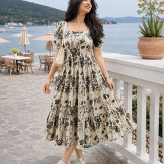 White Floral Printed Rayon Dress
