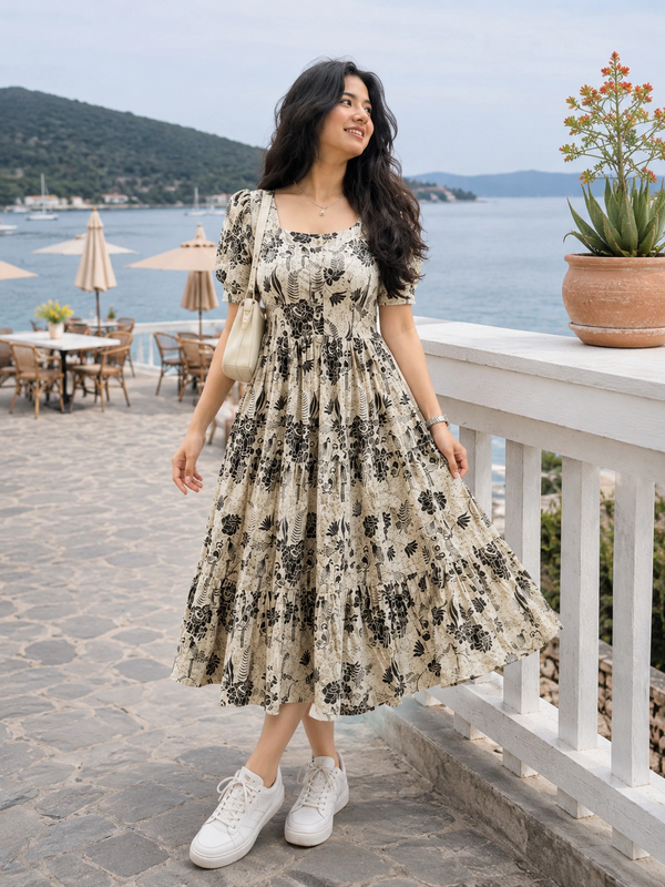 White Floral Printed Rayon Dress