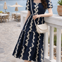 Dark Blue Printed Rayon Fit & Flare Dress