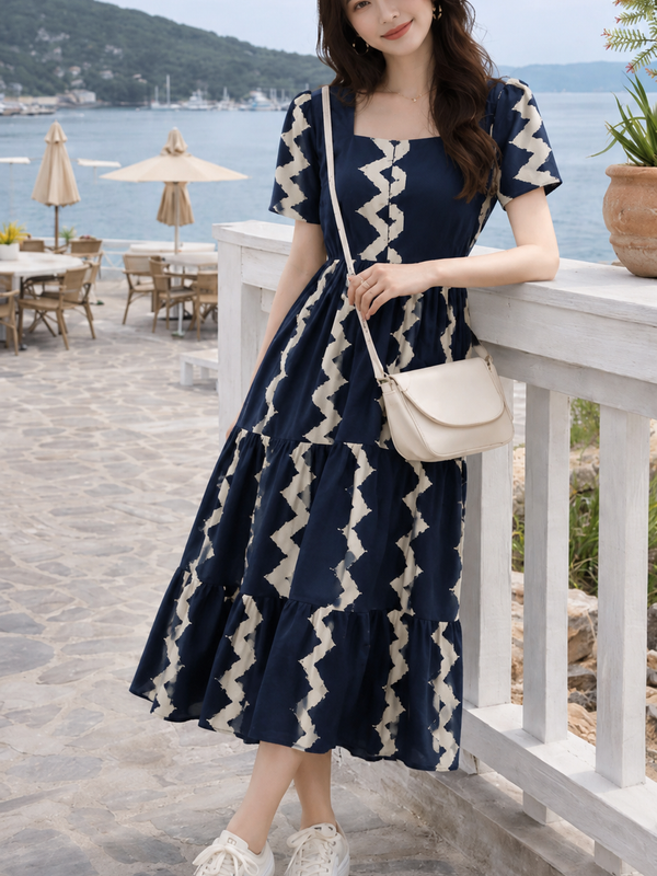 Dark Blue Printed Rayon Fit & Flare Dress