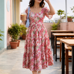 Pink Floral Printed Cotton Maxi Dress for Women