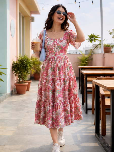 Pink Floral Printed Cotton Maxi Dress for Women