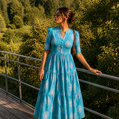 Blue Printed Cotton Midi Dress for Women
